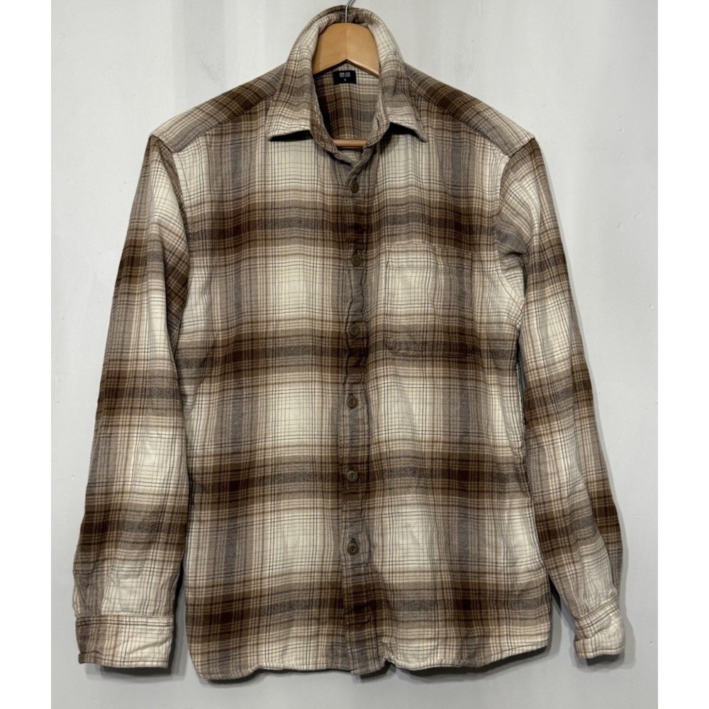 Uniqlo Flannel Shirt Mens Small Brown Cream Plaid Long Sleeve Button Down